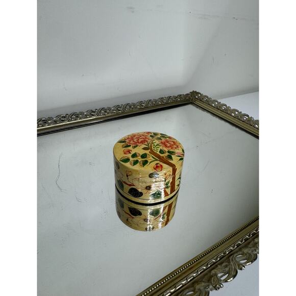 Small Round Floral Hand Painted Paper Mache Trinket Box - Picture 9 of 9